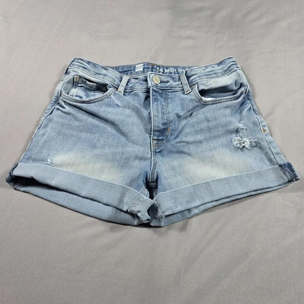 Gap Kids Girls Size 14 Plus Blue Denim Midi Shorts Adjustable Waist Stretch